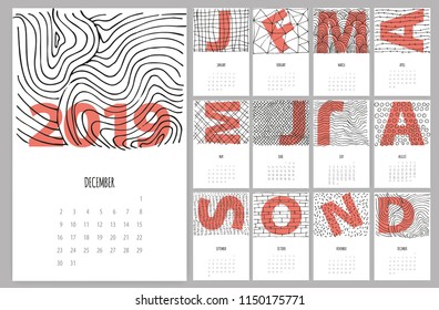 Simple line Calendar template for 2019 on White Background. Week starts from Sunday.
Vector hand drawn sketch colorful red geometric pattern