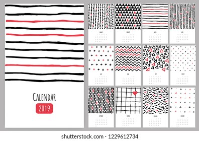 Simple line Calendar template for 2019 on White Background. Week starts from Sunday.
Vector hand drawn sketch colorful red geometric pattern