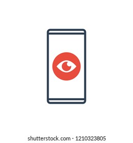 Simple Line of Cell Phone Vector Icon - Smart monitoring program. Phone monitoring. red eye