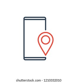 Simple Line of Cell Phone Vector Icon - Red location map icon pin