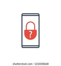 Simple Line of Cell Phone Vector Icon - question and lock key icon. password problem