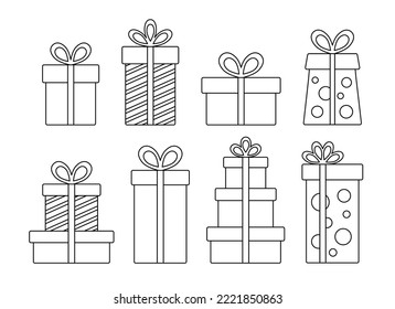 Simple line Christmas gift box elements with ribbon and bow. Festive presents isolated on white background. Vector illustration.
