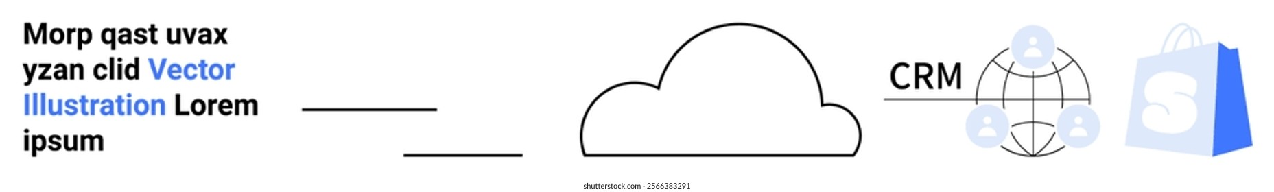 A simple line cloud connected to CRM and e-commerce icons with text on the left side and a cloud in the middle. Ideal for cloud technology, CRM, e-commerce integration, data storage, web services