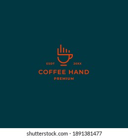 Simple line coffee logo with hand fingers ans coffee cup design concept for cafe, bar, restaurant and co working space business