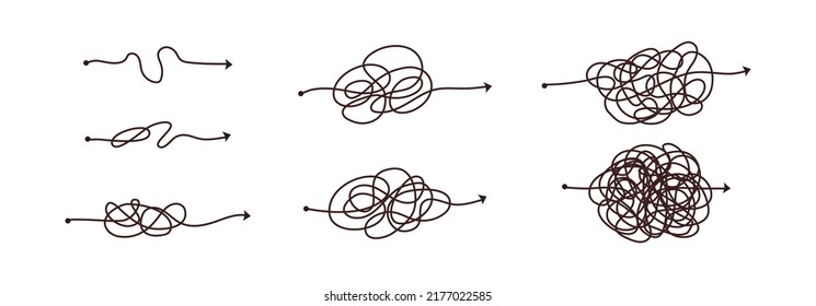 Simple line and complex easy way. Scribble doodle chaos mindset. Problem solving, difficult line. Vector hand drawn concept path.