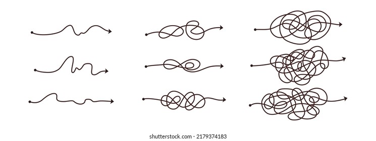 Simple line and complex easy way. Scribble doodle chaos mindset. Problem solving, difficult line. Vector hand drawn concept path.