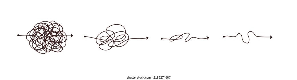 Simple line and complex easy way. Scribble doodle chaos mindset. Problem solving, difficult line. Vector hand drawn concept path.