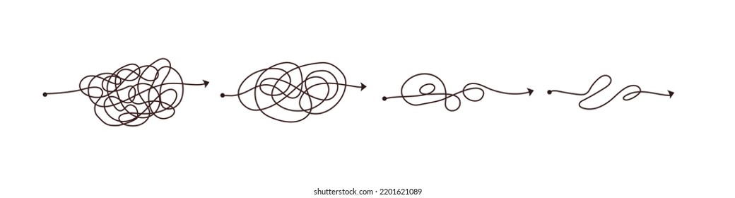 Simple line and complex easy way. Scribble doodle chaos mindset. Problem solving, difficult line. Vector hand drawn concept path.