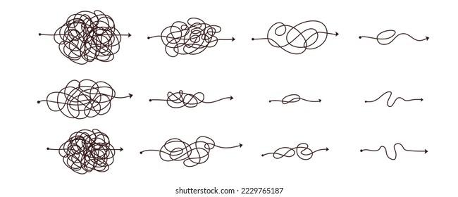 Simple line and complex easy way. Scribble doodle chaos mindset. Problem solving, difficult line. Vector hand drawn concept path.