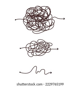 Línea simple y forma sencilla y compleja. La mentalidad del doodle esgrimido es el caos. Solución de problemas, línea difícil. Ruta del concepto dibujada a mano por vectores.