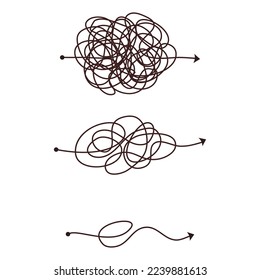 Línea simple y forma sencilla y compleja. La mentalidad del doodle esgrimido es el caos. Solución de problemas, línea difícil. Ruta del concepto dibujada a mano por vectores.