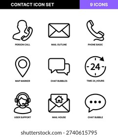 Simple Line Contact Icon Set with Mail, Phone, Chat and Support Service