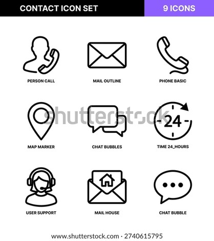 Simple Line Contact Icon Set with Mail, Phone, Chat and Support Service