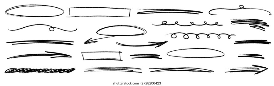 Einfache Linie in Buntstiftunterstrich und Markierungskante, winzige Kritzelschleife, helle Markierungslinie, körniger Buntstiftstaub und verspielte Kritzelmarke.