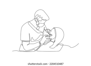 A simple line, depicting a woman checking the condition of her teeth to the dentist. Simple line, Simple continuous line.