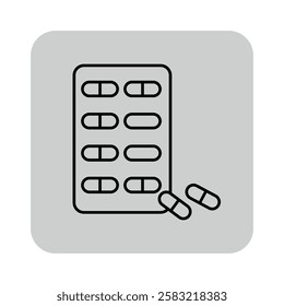 Simple line design of blister pack containing capsules, with few capsules positioned outside over gray background. Medication design suitable for health-related content