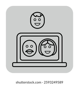 Simple line design of family engaging through laptop screen, showcasing joyful connection among members. Modern family communication concept