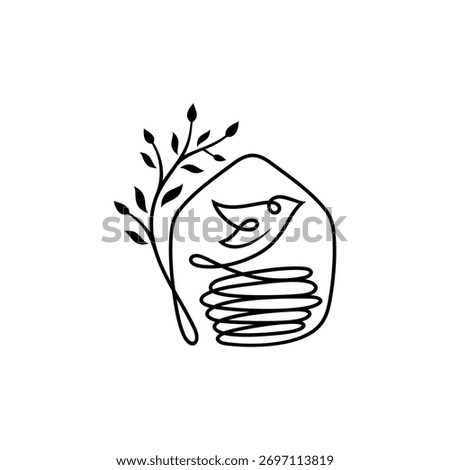 simple line design logo of bird and nest with tree branch and leaf decoration