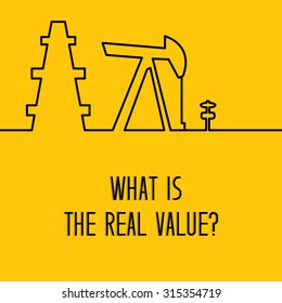 Simple line design of oil pump logo for oil rig, petroleum rig. Equipment for oil research and drilling well isolated over yellow background. Vector illustration.