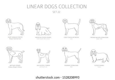 Simple line dogs collection isolated on white. Dog breeds. Flat style clipart set. Vector illustration