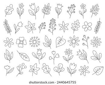 Simple line doodles. Collection of simple cute flowers and plants. Flowers and leaves of different shapes. Spring flowers. Design elements.