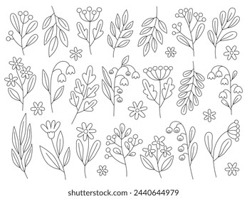Simple line doodles. Spring flowers. Collection of simple cute flowers, plants, branches and berries. Flowers and leaves of different shapes. Design elements.