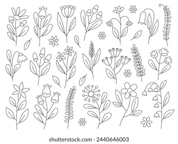 Simple line doodles. Spring flowers. Collection of simple cute flowers, plants, branches and berries. Flowers and leaves of different shapes. Design elements.