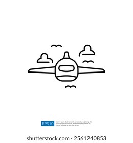 A simple line drawing of an airplane flying through the sky, accompanied by clouds. The image represents air travel and aviation in a minimalist style.