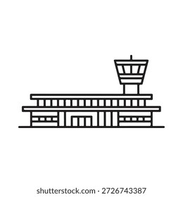 Dibujo de línea simple de una torre de control del aeropuerto y un edificio terminal