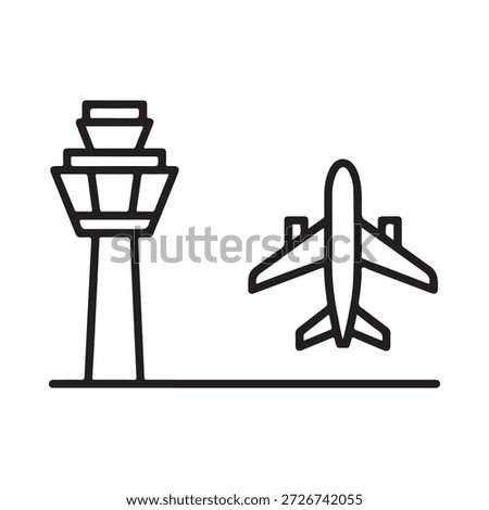 Simple line drawing of an airport control tower and airplane taking off