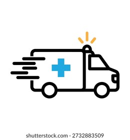 A simple line drawing of an ambulance with a blue medical cross and flashing lights on top, conveying urgency and emergency medical services.