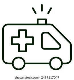 A simple line drawing of an ambulance, with a cross on the side and a flashing light on top.