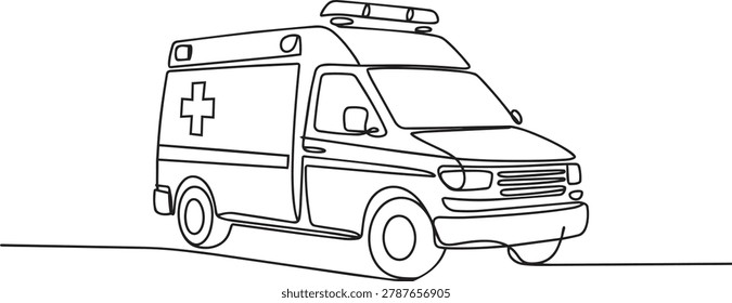 A simple line drawing of an ambulance vehicle with a cross on the side and lights on top, depicted in a minimalist style with clean lines and basic details.