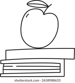 A simple line drawing of an apple resting on a stack of books. The illustration uses clean lines to depict a classic educational theme. Cartoon vector illustration.