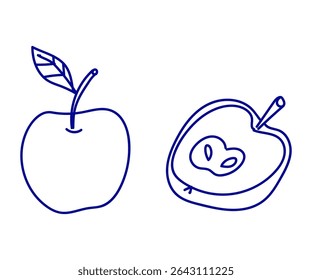 Simple line drawing of an apple and a sliced apple highlighting its interior features