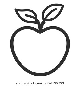 Un simple dibujo de línea de una manzana con dos hojas.