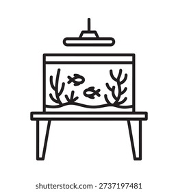 Simple line drawing of an aquarium with fish and overhead lighting