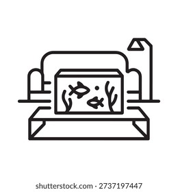 Simple line drawing of an aquarium setup with fish and decorative elements