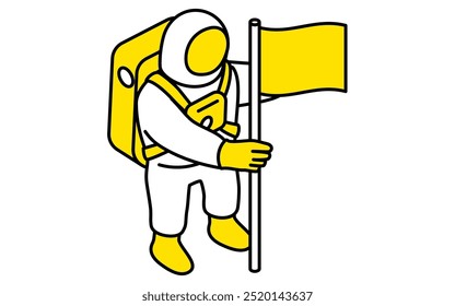 Dibujo de línea simple de un astronauta apuntando una bandera al suelo, ilustración isométrica, Ilustración vectorial