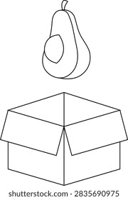 A simple line drawing of an avocado positioned directly above an open cardboard box, both rendered in black and white outline style.