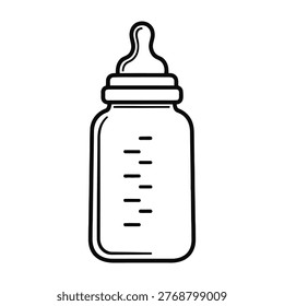 A simple line drawing of a baby bottle with measurement markings, perfect for parenting or healthcare themes.