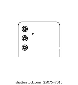 Simple line drawing of the back of a smartphone featuring a prominent camera bump with four lenses