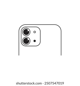 Simple line drawing of the back of a smartphone featuring a prominent camera bump with four lenses