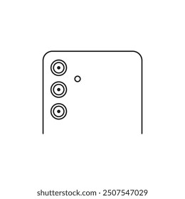 Simple line drawing of the back of a smartphone featuring a prominent camera bump with four lenses