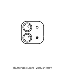 Simple line drawing of the back of a smartphone featuring a prominent camera bump with four lenses