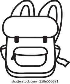 Simple line drawing of a backpack featuring a front pocket, side buckles, and adjustable straps, perfect for representing travel, hiking, or back to school themes