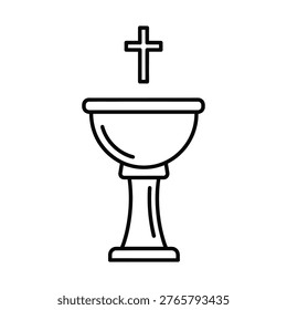 Simple line drawing of a baptismal font with a cross above it, minimal vector line art.