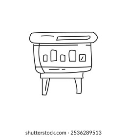 A simple line drawing of a bar chart displayed on a small table, illustrating data visualization for analysis or presentation purposes.