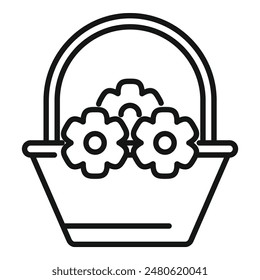 Einfache Strichzeichnung eines Korbes mit drei Blumen, ideal für die Darstellung von Frühling oder Garten