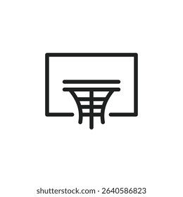 A simple line drawing of a basketball hoop and net, isolated on a white background.  The image is minimalistic and clean.